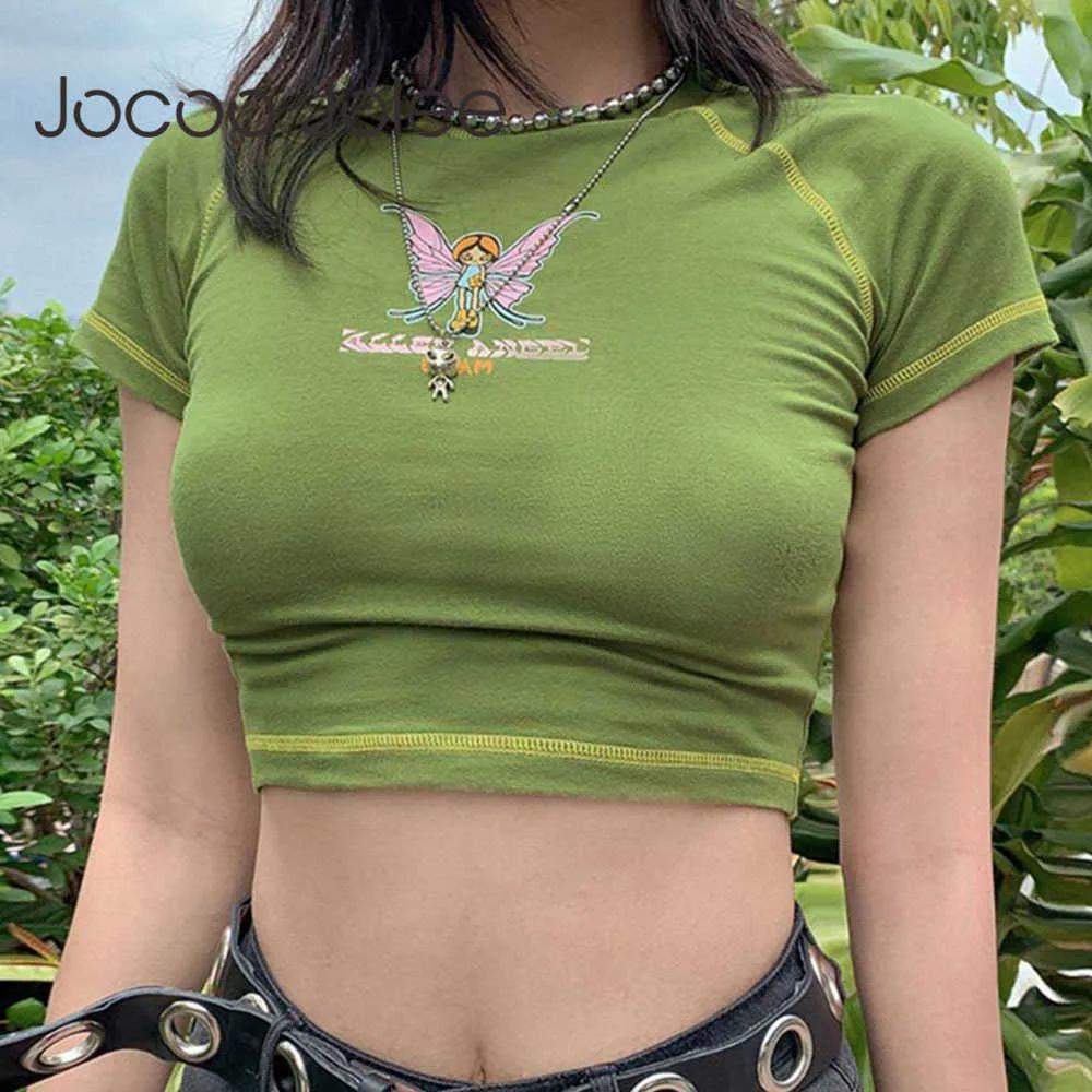 Jocoo Jolee Women Summer Buttual Butterfly Graphic and Letter Printing Tops Y2K Vintage Grunge T-shirts 210619