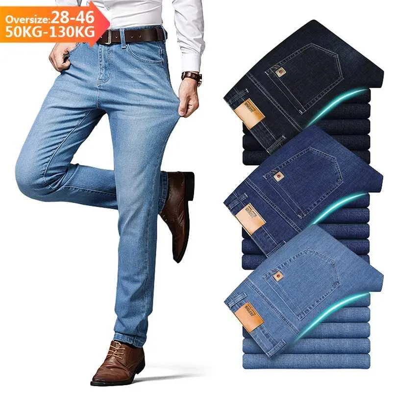 Men's Jeans Cotton Brand Business Casual Fashion Stretch Straight Work Classic Style Pants Trousers Male Plus Size 28-40 42 44 211124