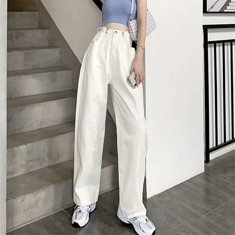 Cintura alta Loose Calças de brim coreano para mulheres Calças retas Mamãe Jeans Branco Namorado Feminino Wide-Leg Streetwear Spring Calças 210730