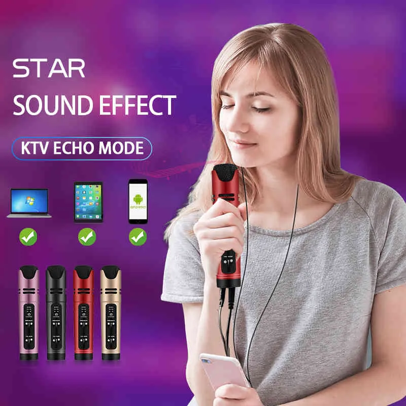 Online Star Live Streaming & Youtube Video Condenser Microphone Sing Recording Karaoke Mobile Phone Computer Support 6 Voice