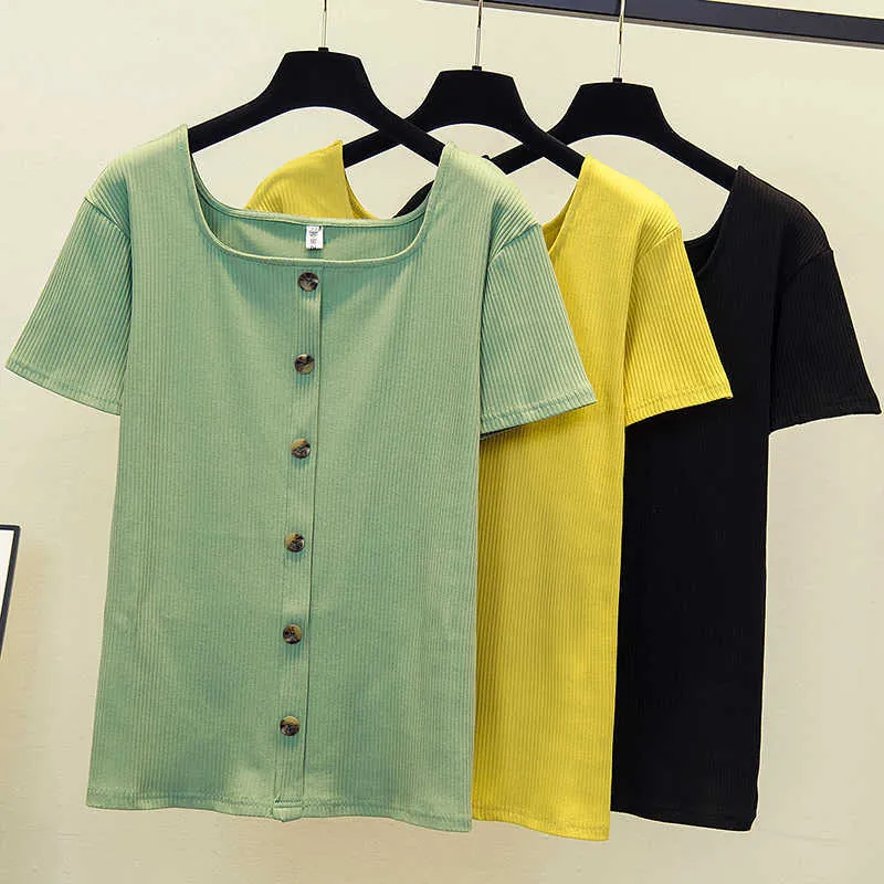 한국 티셔츠 여성 플러스 빅 사이즈 5XL 섹시한 사각 목 여름 코튼 슬리브 코튼 티셔츠 탑스 티셔츠 Femme 의류 210604