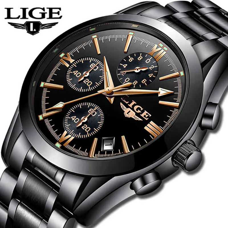 LIGE MENS Horloges Topmerk Luxe Mode Business Quartz Horloge Mannen Sport Volledige Stalen Waterdichte Zwarte Klok Relogio Masculino Q0524