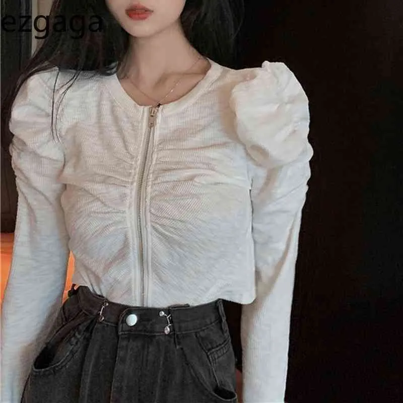 Ezgaga Zipper Crop Tops Frauen T Shirts Puff Sleeve Koreanische Chic Frühling Feste Dünne Streetwear Allgleiches Weibliche T-shirts Mode 210430