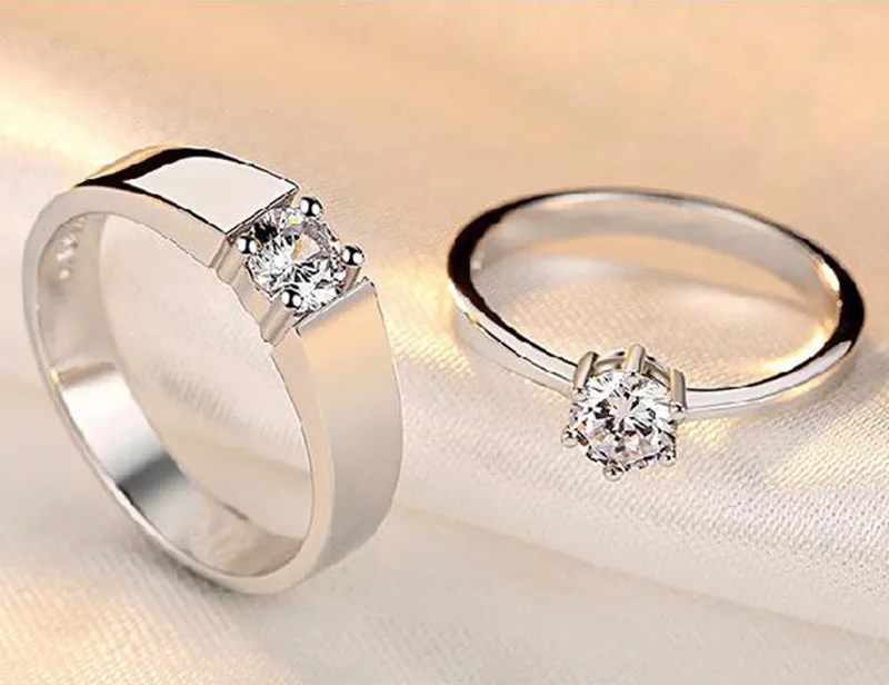 J152 S925 Sterling Silver Couple Anneaux avec Diamant Mode Simple Zircon Paire Anneau Bijoux Saint Valentin Cadeau 3 pcs