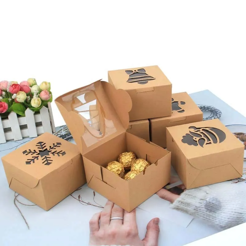 Christmas Kraft Paper Cookie Gift Boxes Candy Box Bags Food Packaging Box Christmas Party Kids Gift New Year 10x10x6.3cm LX4426