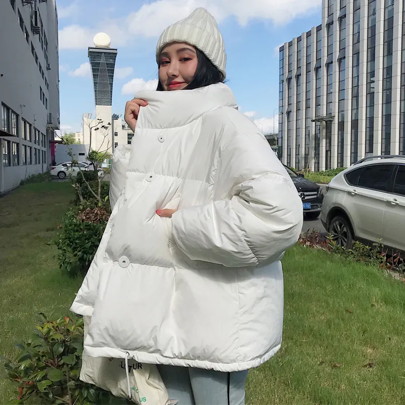 Корейский стиль зимняя куртка женская стойка воротник сплошной черный белый женское пальто Свободные негабаритные женские короткие парку 210419
