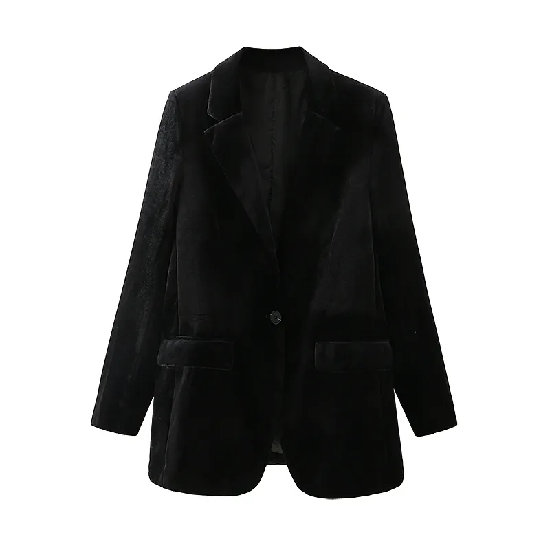 Causale Donna Giacca slim in velluto nero Moda Donna Blazer a bottone singolo Streetwear Cappotti tascabili chic femminili 210430