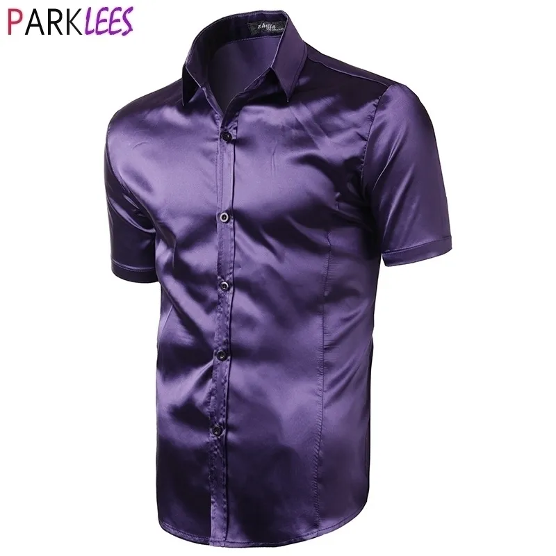 Shirt Satin de soie violette hommes Summer Slim Fit Mens Robe Shirts Casual Smooth Party Event Chemise Homme 2xl 210522