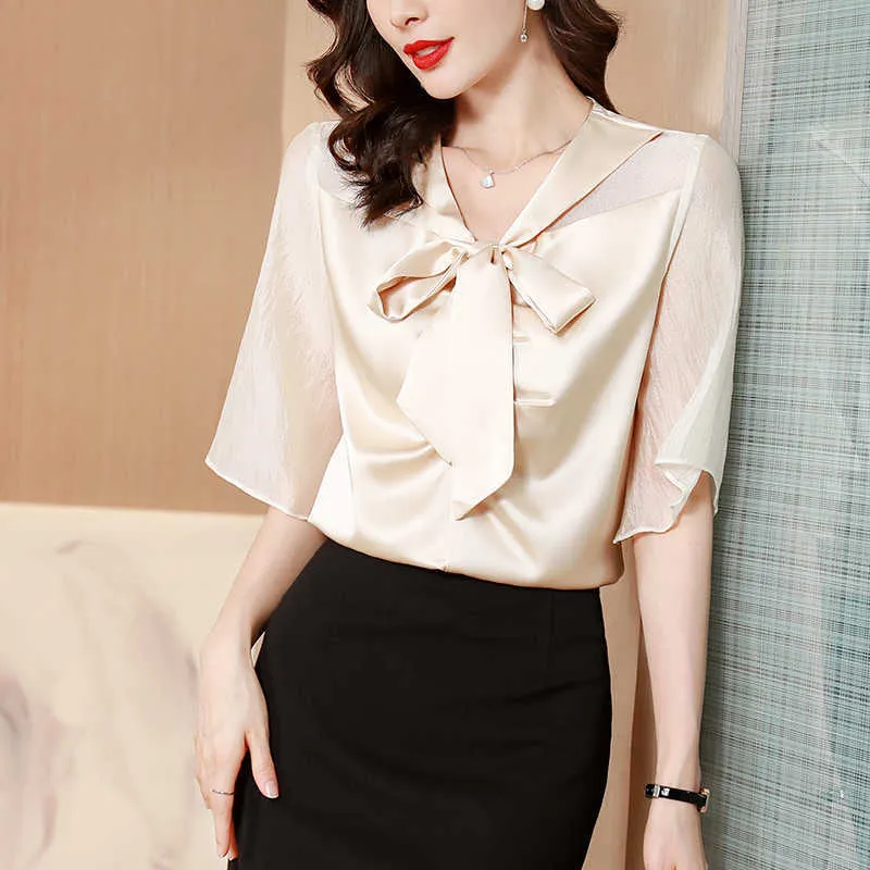 Coréen soie femmes chemise Blouses pour femmes à manches courtes chemises solides femme haut abricot nœud sangle surdimensionné 210604