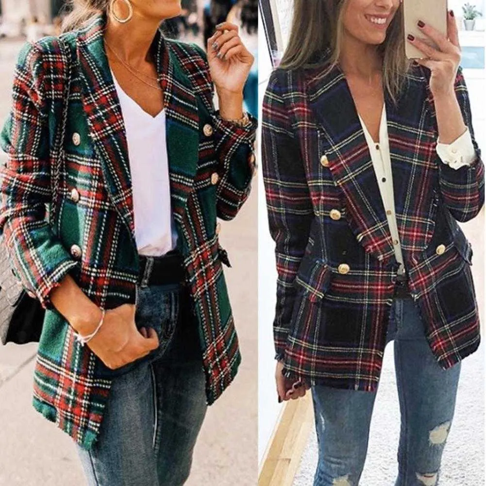 Office Lady Double Side Woolen Cardigan Plaid Dubbelbröst Blazer Jacka Kvinna Casual Coats Plaid Ladies OuterWear X0721