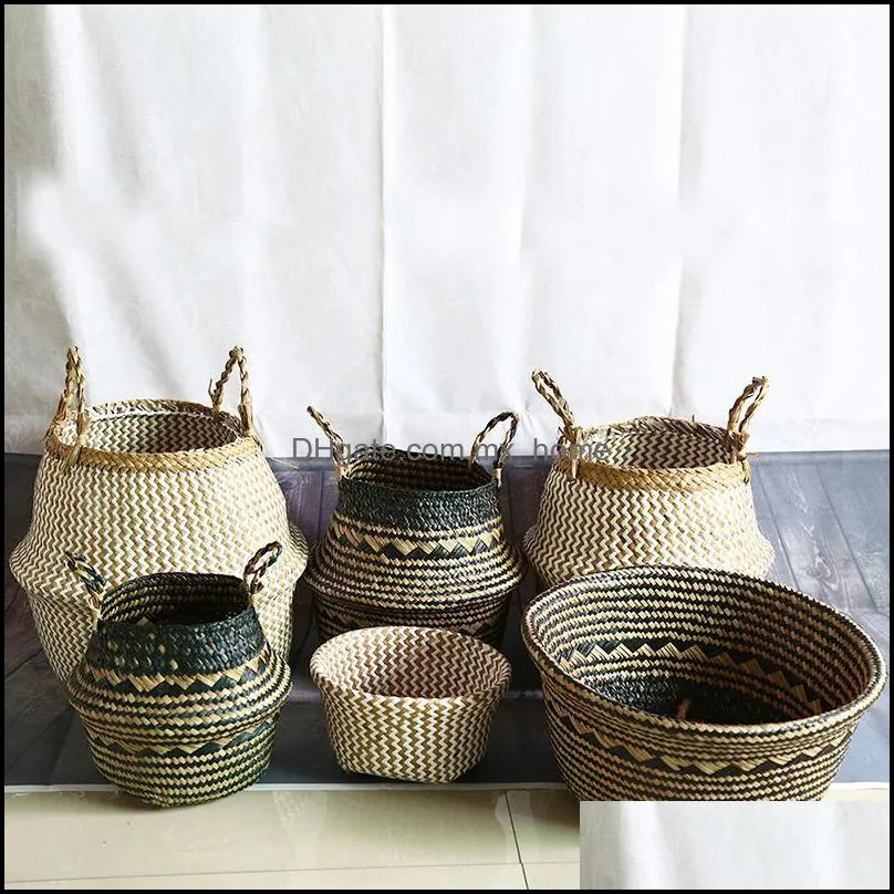 Storage Baskets WHISM S/M/L Seaweed Rattan Woven Basket Foldable Flower Pot Handmade Clothing