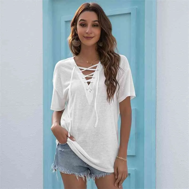 Bandage blanc T-shirt Femmes V Cou Cordon de serrage à manches courtes T-shirts Tops Summer Femme Couleur Solide Casual Lâche 210522