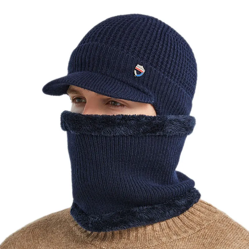 Cool Mannen Volledige Cover Warme Hoeden Sjaals Sets Mode Bekleed Fleece Pure Kleuren Chunky Knit Brim Cap en Ring Sjaal
