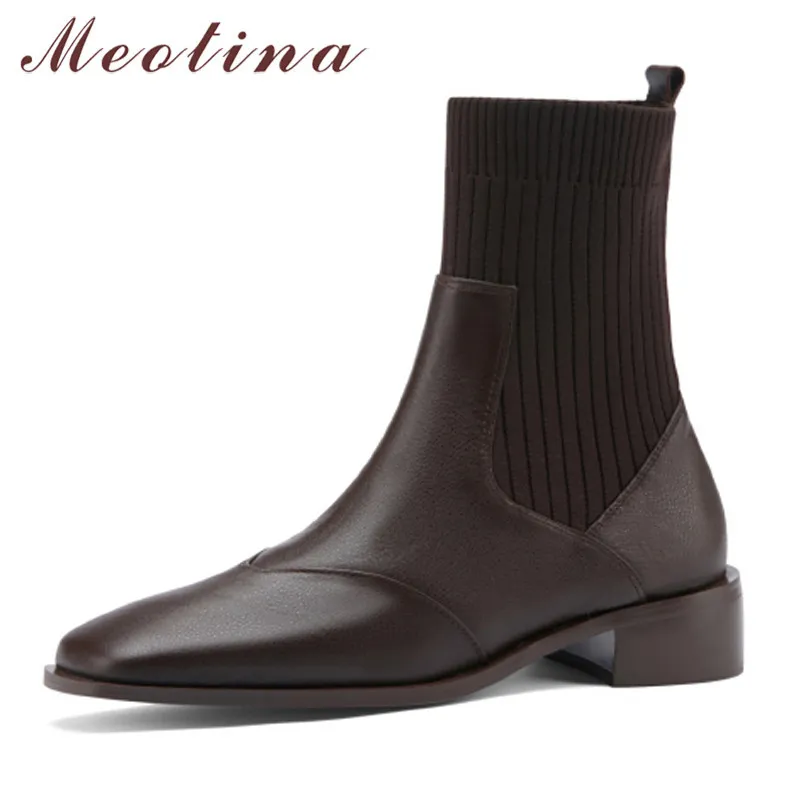 Meotina véritable cuir mi-talon bottes courtes femmes bout carré bottes extensibles chaussures sans lacet talons épais bottines automne hiver 42 210520