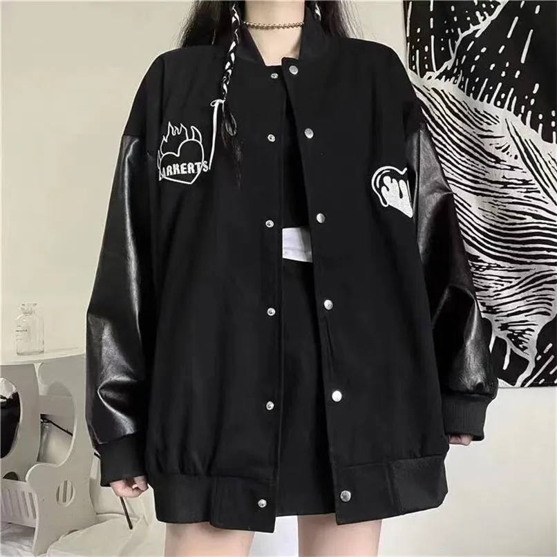 Veste de style coréen Harajuku pour femmes, vêtements pour jeunes, veste surdimensionnée en cuir, veste noire pure pour femmes 211109