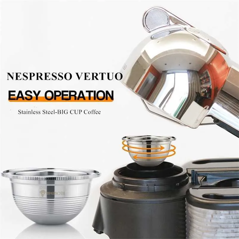 BIG CUP Capsule per caffè espresso ricaricabili Nespresso Vertuoline Vertuo cialde riutilizzabili con filtro per caffè riutilizzabile in acciaio inossidabile 210331