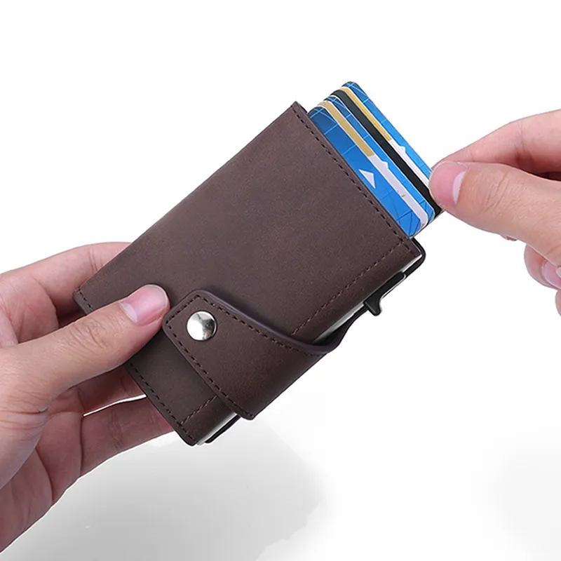 Genuine Leather Men Fold Rifd Anti Theft Brush Alloy Card Case Bussiness Wallets