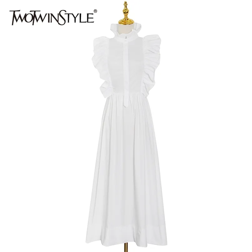 White Elegant Patchwork Dress For Women Stand Collar Sleeveless Lace Up Pullover Ankle Length Dresses Female Summer 210520