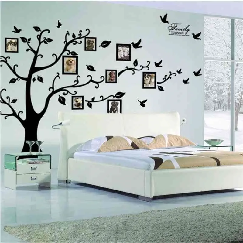 : Grand 200 * 250cm / 79 * 99in Noir 3D DIY Po Tree PVC Stickers muraux / Adhésif Famille Stickers muraux Art mural Décoration d'intérieur 210420