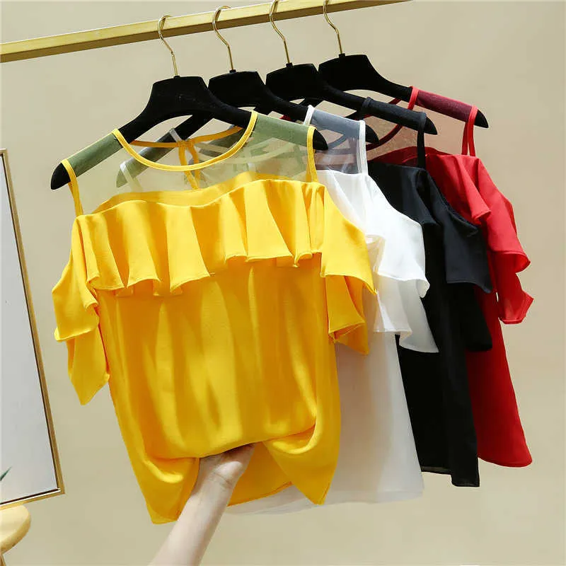 Summer Sleeveless Women Blouses Plus Size Tops Casual Sexy Chiffon Mesh Women Shirts Ruffles O Neck Women Clothing 14615 210527