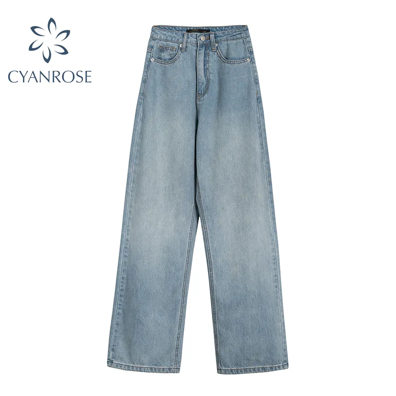 Frauen Hohe Taille Jeans Freizeit Breite Bein Hosen Blau Taschen Streetwear Vintage Zipper Gerade Denim Hosen Frühling Weibliche 210417