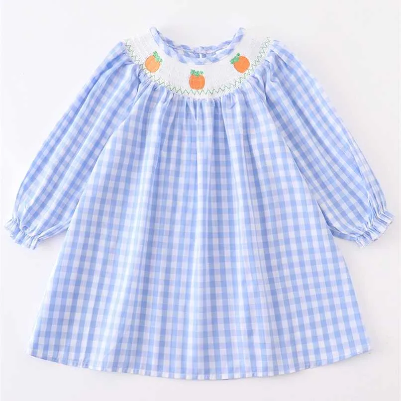 Girlymax Halloween Ringraziamento Neonate Smock Plaid Abito in tessuto di zucca Abbigliamento per bambini Ruffles Nero Rosso Percalle Boutique 211027