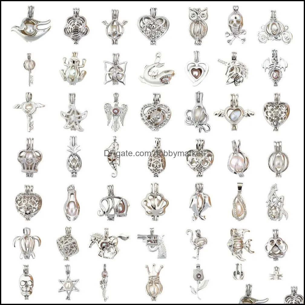 Colar de pérolas com configurações de joias 50 estilos miçangas banhadas a prata medalhões gaiolas 3*2,5 mm faça você mesmo pulseiras charme pingentes entrega direta 2021 hv7hi