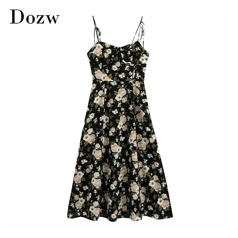 Bohemian Floral Print Chiffon Dress Sommar Spaghetti Strap Holiday Beach Women Backless Pleated Midi Vestido 210515