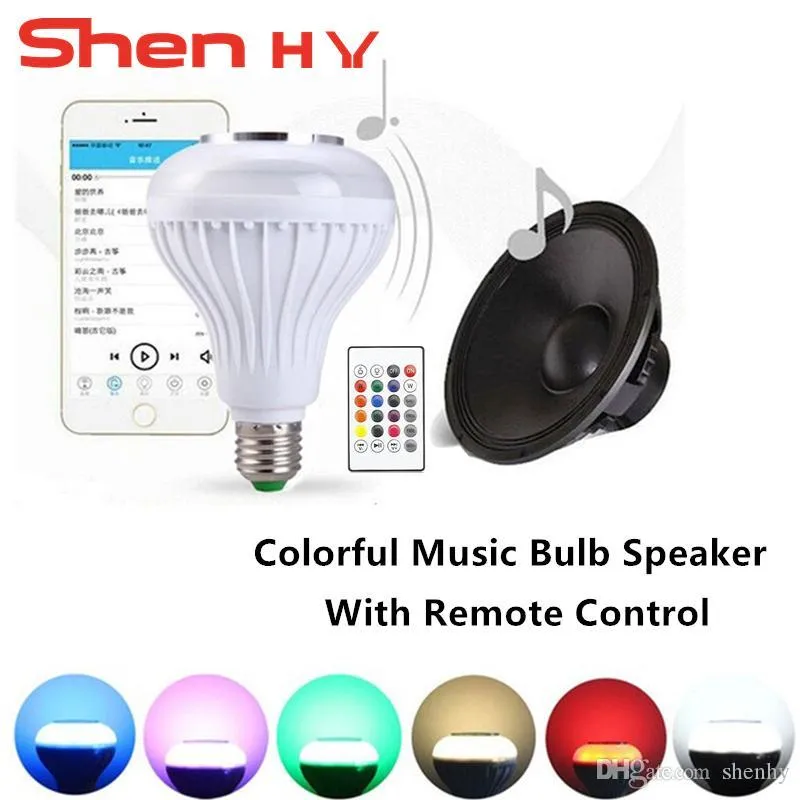 Smart E27 RGB Bluetooth-högtalare LED-lampa 12W musik som spelar Dimbar trådlös lampa med 24 tangenter fjärrkontroll