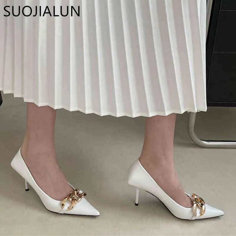 SUOJIALUN Thin High Heels Pumps Shoes Women Fashion Pointed Toe Metal Chain Work Shoes Vintage Elegant Shallow Pumps For Party K78