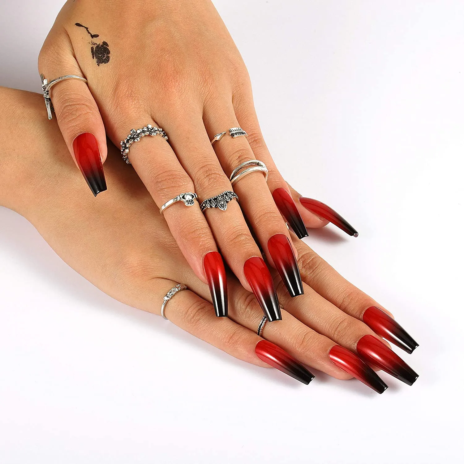 24PCS Glitter Press On Nails Korean Style Heart Rhinestone Design Coffin Fake  Nails Full Cover Acrylic Nails Tips for girls Gift