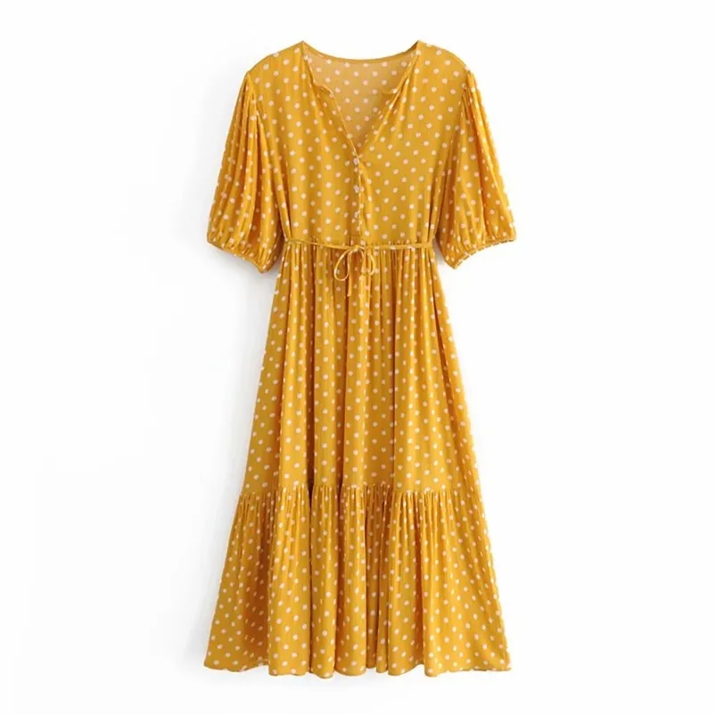 Casual vrouw geel losse ruches sjerpen dot lange jurk lente mode dames zachte v-hals es vrouwelijke zoete 210515