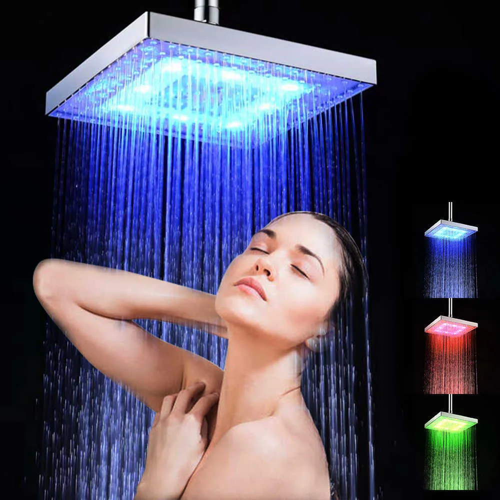 Pommeau de douche à effet de pluie LED pommeau de douche carré automatiquement RVB capteur de température à changement de couleur pommeau de douche pour salle de bain 210724