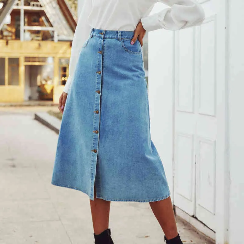 Elegant Vintage Washed Blue High Waist Denim Skirt For Women