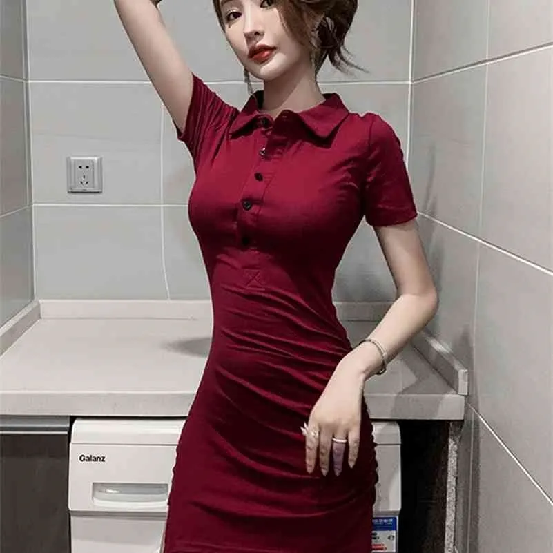 Short-sleeved waist slimming sexy slim irregular tight-fitting hip dress Office Lady Polyester Solid Turn-down Collar 210416
