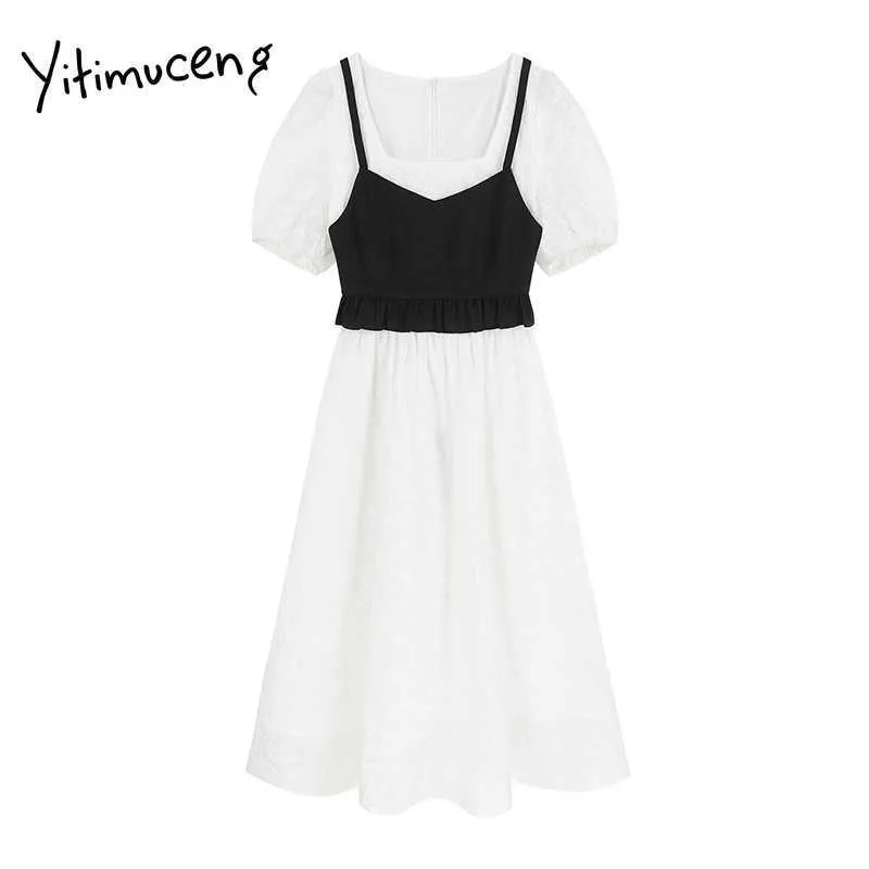yitimuceng偽2枚の服装女性夏ショールハイウエストパフスリーブAラインソリッドホワイトホワイト韓国のファッションドレス210601