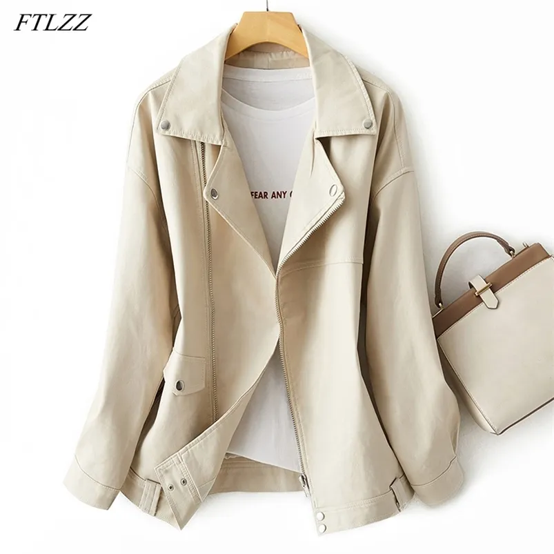 Spring Autumn Women Loose Faux Leather Jacket BF Style Moto Biker Lapel Zipper Warm Pu Coat Female Outwear 210430