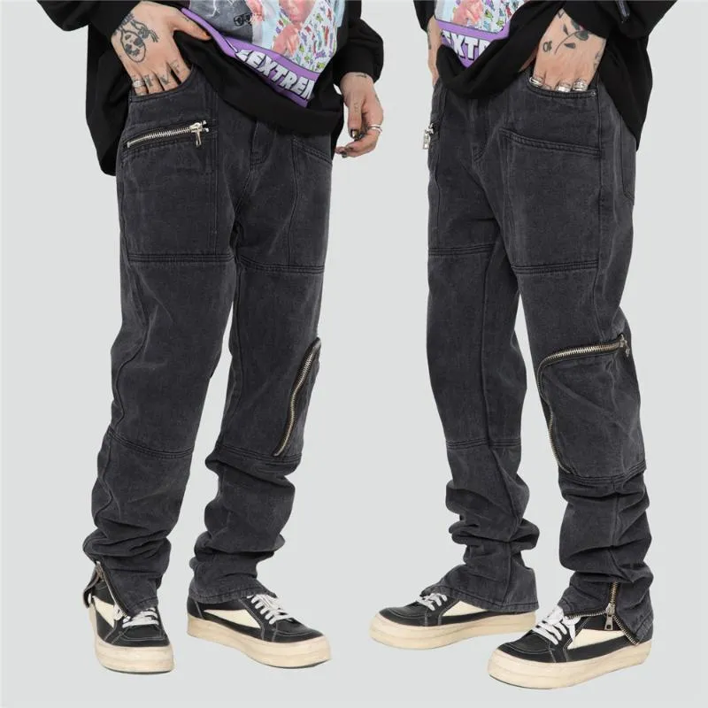 Erkek kot erkekler yıkanmış gri hip hop moda fermuar yan cepler ile kargo pantolon büyük boy streetwear pantolon