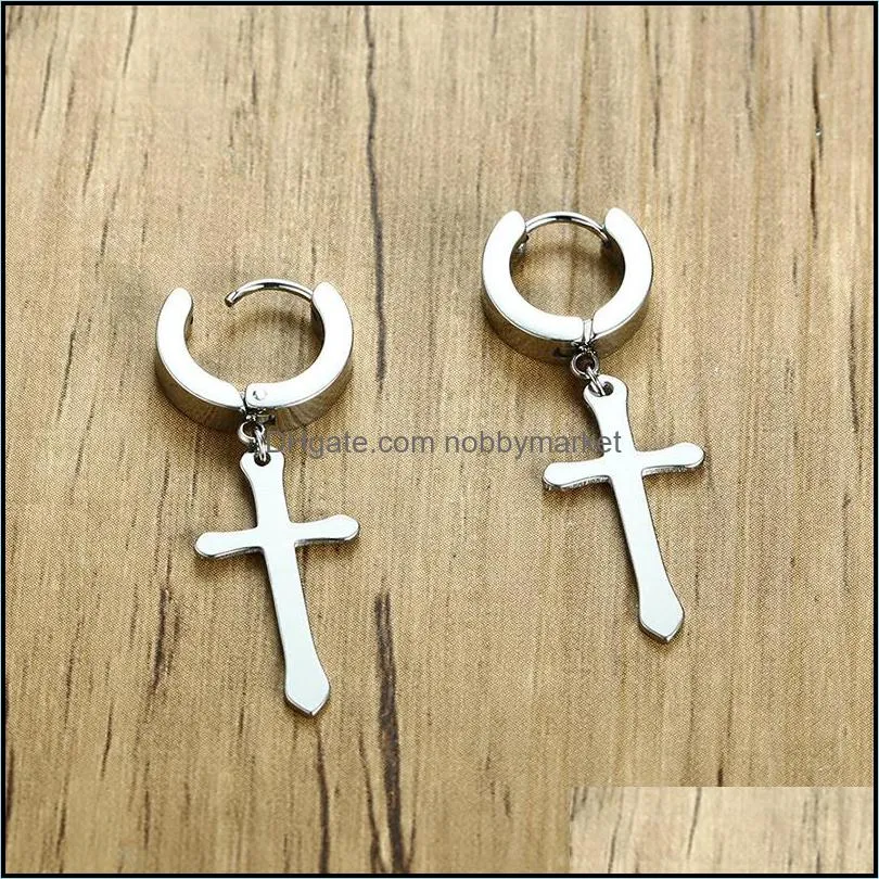 Black Gold Silver Color Drop Earrings For Women Men Punk Small Circle With Cross Stainless Steel Drop Earring Unisex