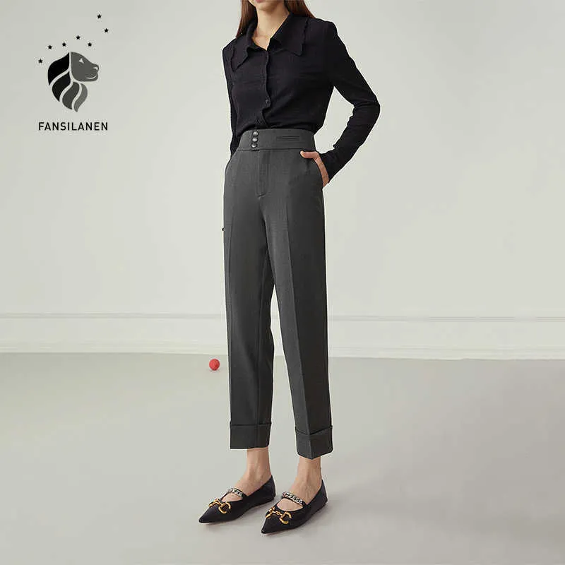 Fansilanen Casual taille haute costume pantalon femmes plissé droit noir pantalon femme bureau élégant automne hiver 210607