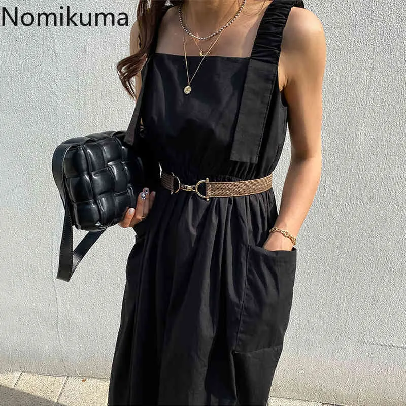 Nomikuma Kore Pileli Tank Elbise Nedensel Cepler A-Line Vestidos Femme Kemer Ince Bel Kolsuz Kare Yaka Elbiseler 6 H367 210427