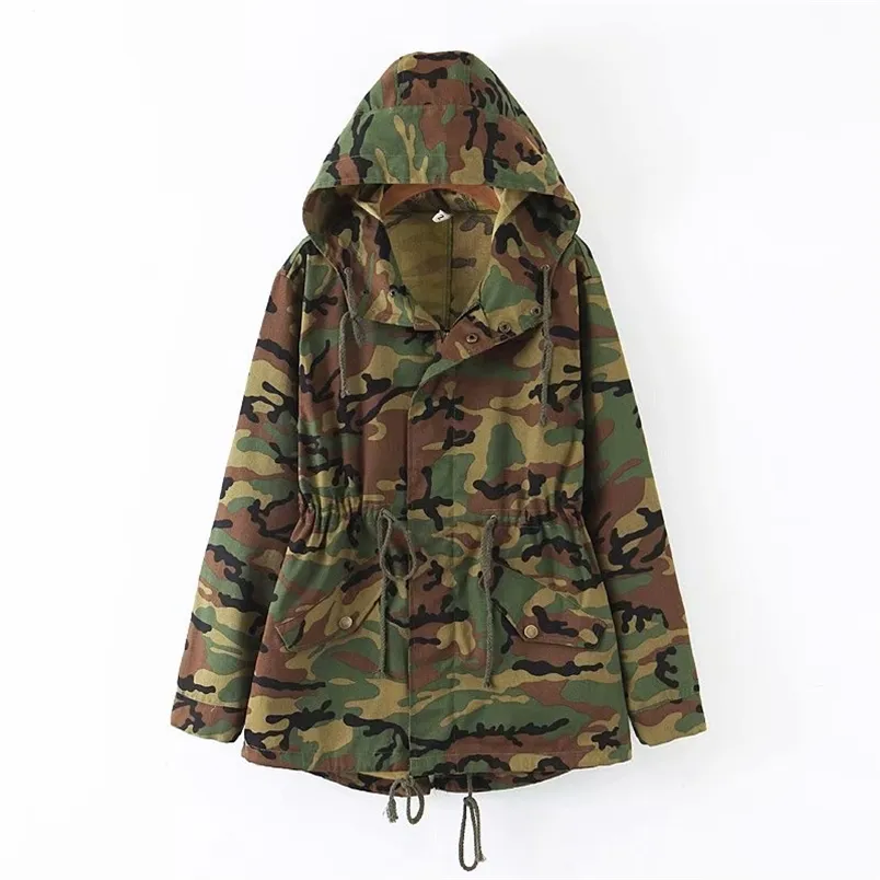 Automne Mode Femmes Camouflage Veste à capuche Vintage Élégant Femme Lace-Up Coton Manteau Casual Vêtements d'extérieur 210531