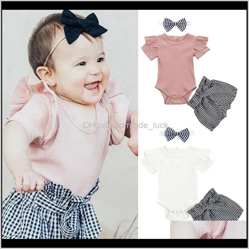 Hot 3PCS Infant Newborn Baby Girl Clothes Solid Color Romper Stripe Plaid Pants Headband Summer Outfits Set1