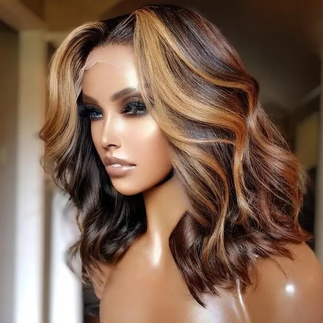 Markera Wig Brown Blond Vågig Bob Human Hair Ombre Lace Front Pärlor Brasilianska Hår För Black Women Body Wave 150%