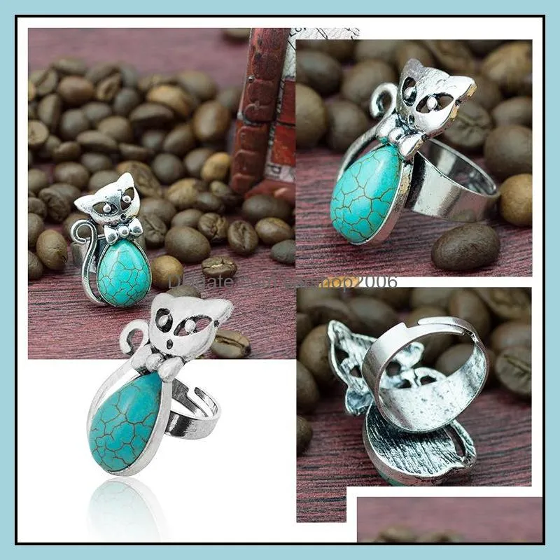 Europe and America ancient silver ring retro bow kitten shape turquoise turquoise ring fox female