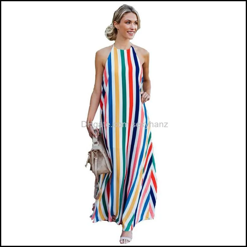Summer Long Dresses Women Rainbow Striped