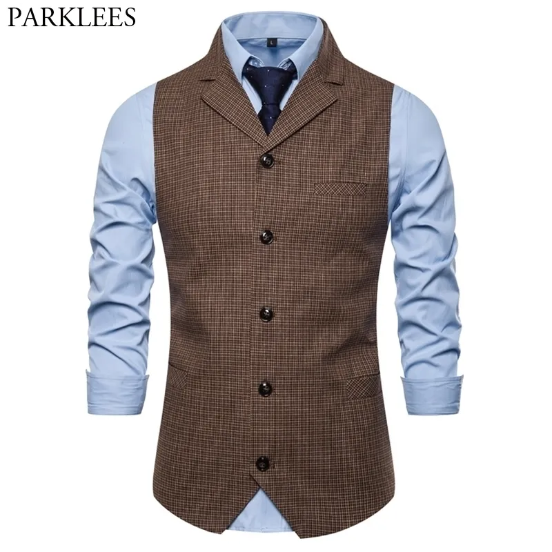 Vintage Plaid Brown Dress Vest Mens For Men Slim Fit Turn Down Collar