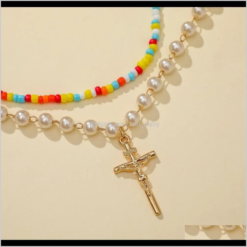 s1708 hot fashion jewelry double layer chain faux pearls colorful beads necklace cross pendant necklace