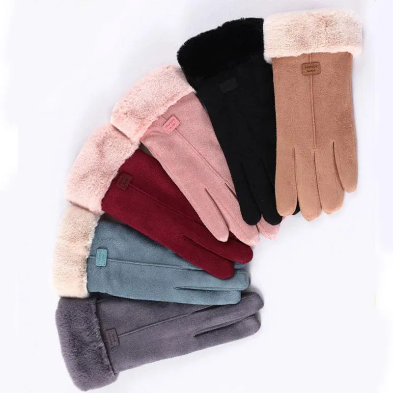 Pairs zamszowe skórzane rękawiczki dotykowe Rękawice do jazdy ładny niedźwiedź Dwuosobowy grube Pluszowe rękawiczki Ciepłe Faux Cashmere Full Finger Gloves1