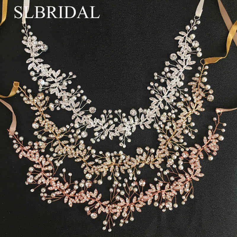 SLBRIDAL Rose Gold Crystal Pearls Wedding Hair accessories Hairband Bridal Headband Bridesmaids Jewelry Women 211215